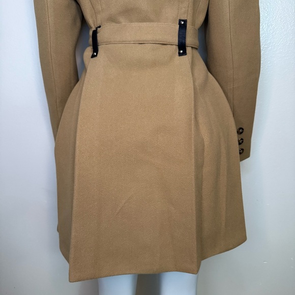 Khaki single breasted lapel collar A-line pleated flare belted pea coat - Picture 7 of 12